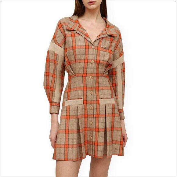 Maje Ravellino Camel Orange Check Plaid Woven Shirt Mini Dress NWT New 38 6 - Picture 1 of 7
